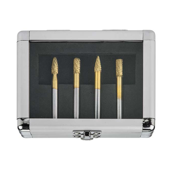 HMT GoldMax TCT Burr 12mm 4Pc Set, Flame, Cylinder, Ball Nose, Tree